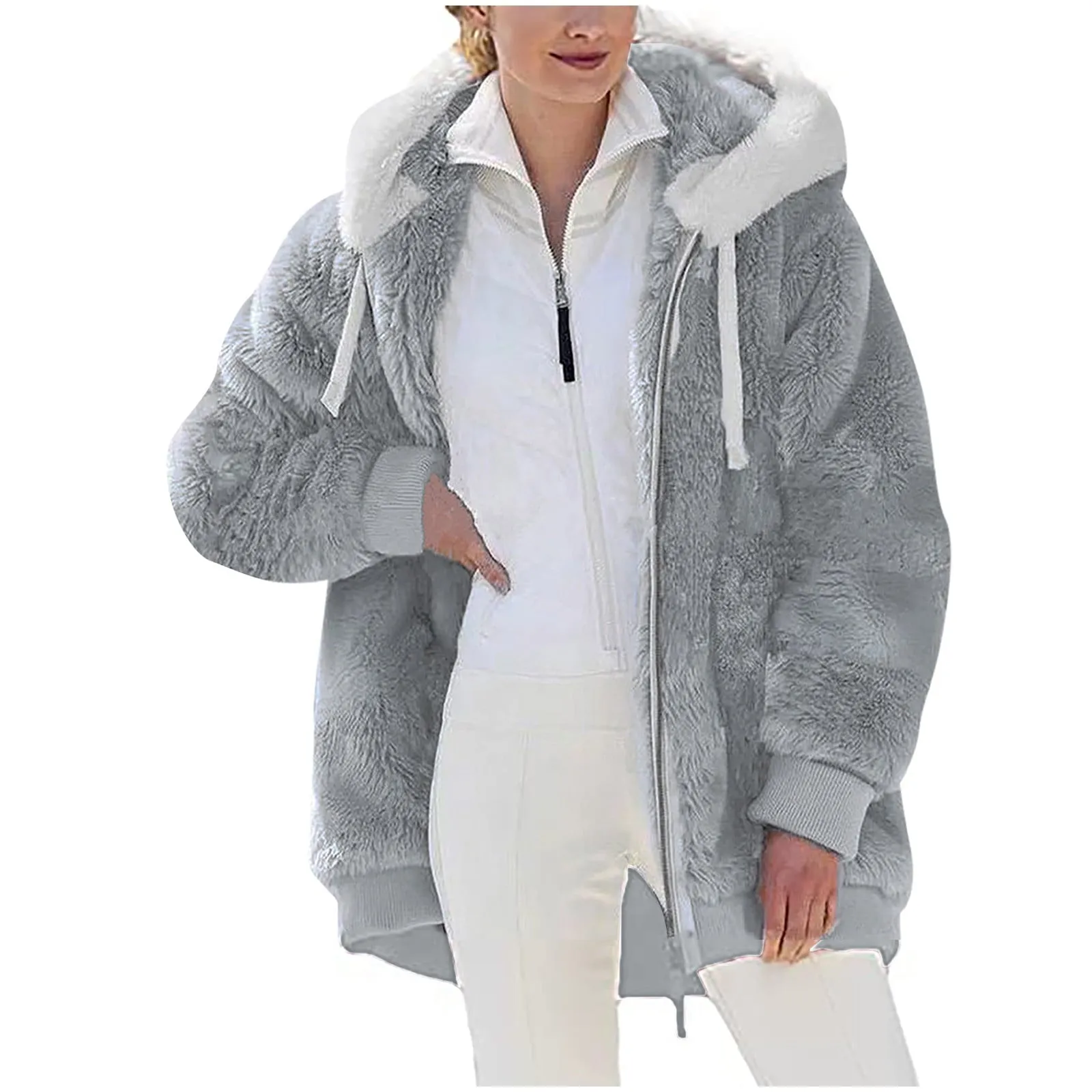 50% Off Clear!Fashion Oversize Winter Coats for Women, Women Plus Size Winter Warm Loose Plush Zip Hooded Jacket Coat Deals Gift for Women