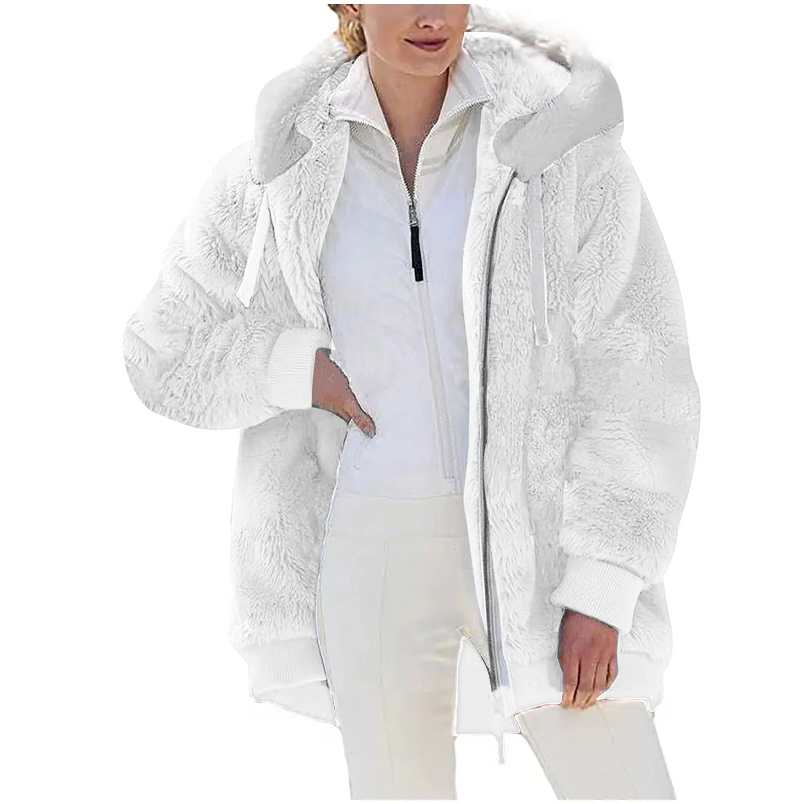 50% Off Clear!Fashion Oversize Winter Coats for Women, Women Plus Size Winter Warm Loose Plush Zip Hooded Jacket Coat Deals Gift for Women