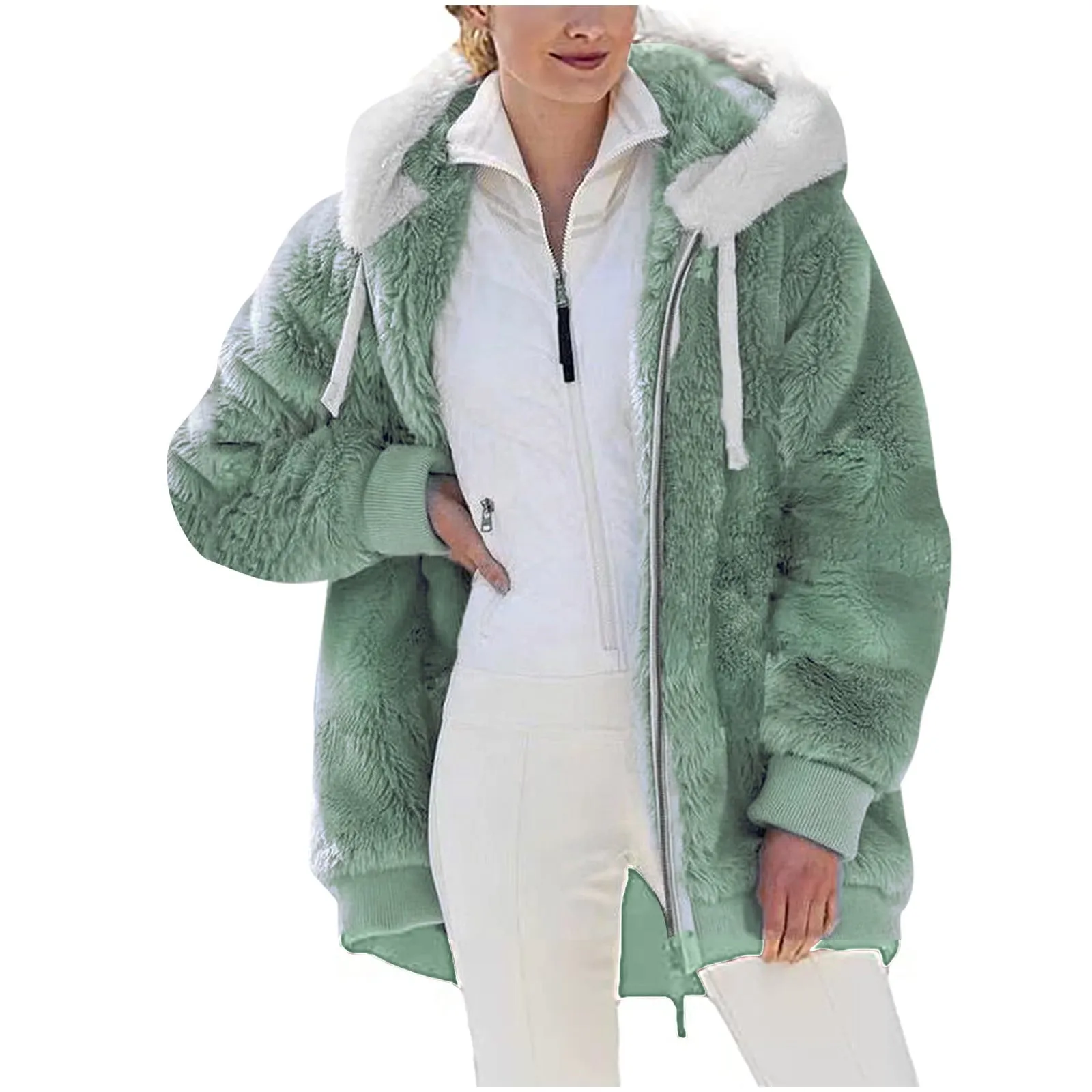50% Off Clear!Fashion Oversize Winter Coats for Women, Women Plus Size Winter Warm Loose Plush Zip Hooded Jacket Coat Deals Gift for Women