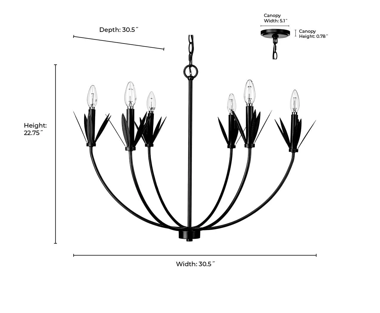 6 Lamps Primrose Chandelier - Matte Black - 30.5in Diameter - E12 Candelabra Base