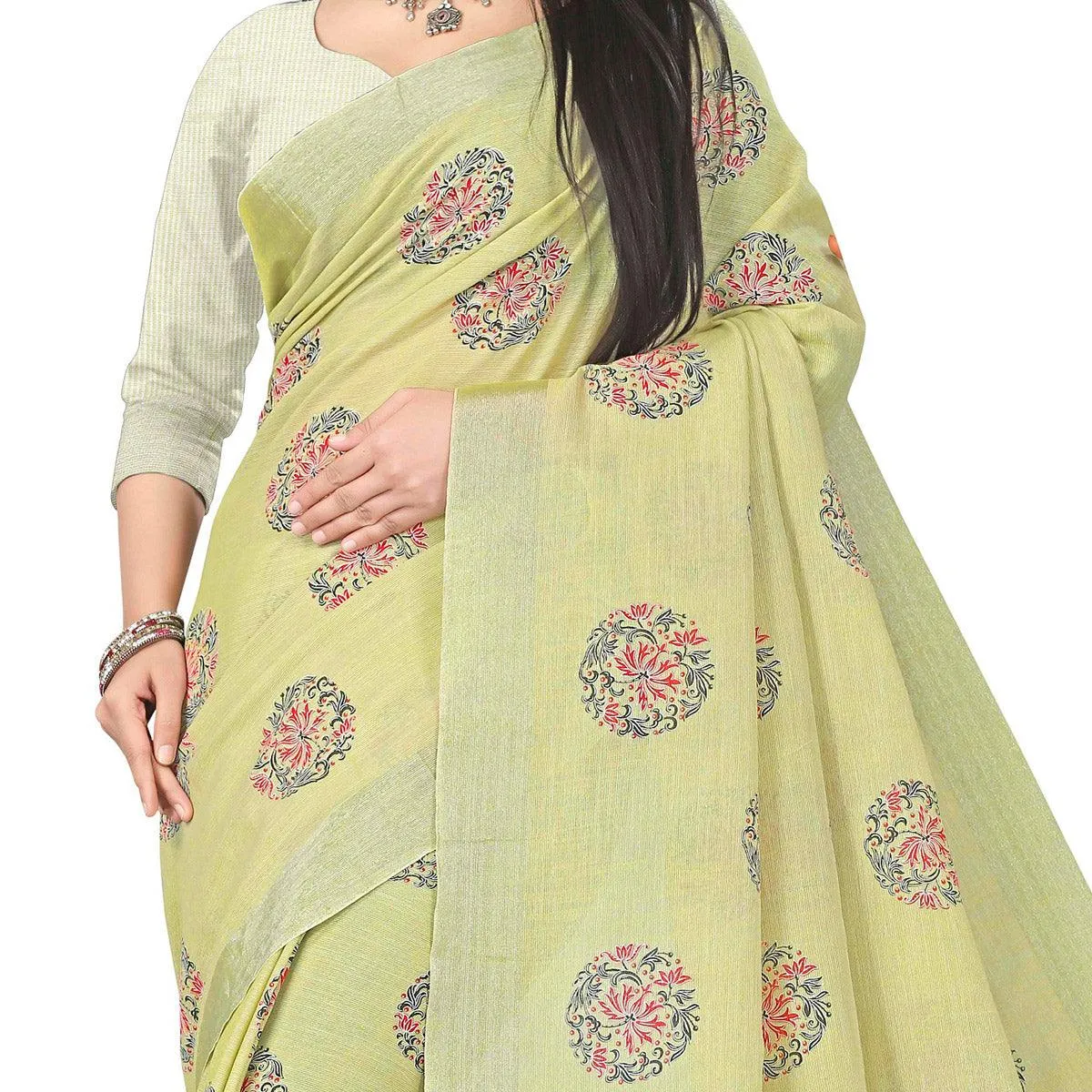 Beautiful Light Olive Green Colored Party Wear Block Print Linen Saree