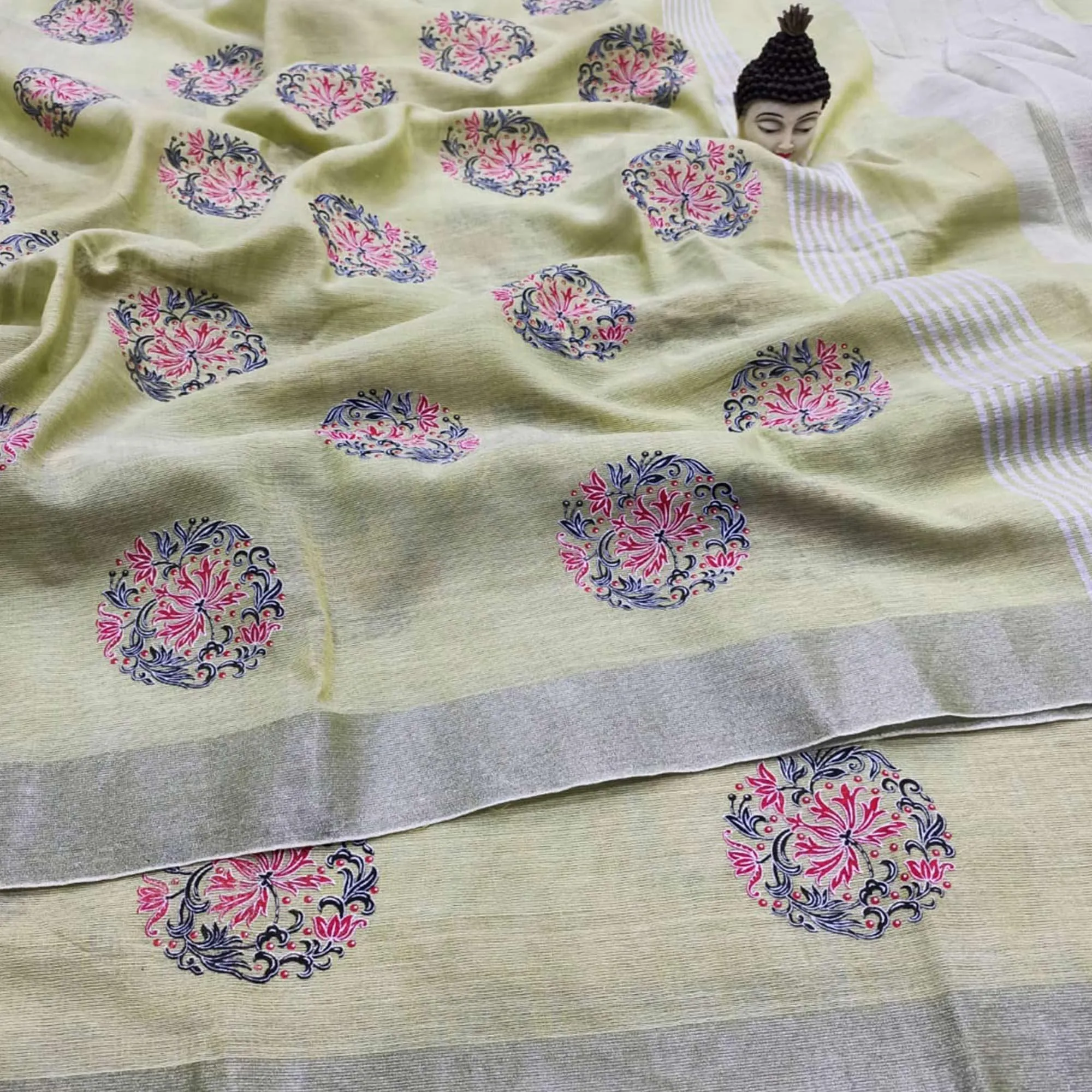 Beautiful Light Olive Green Colored Party Wear Block Print Linen Saree
