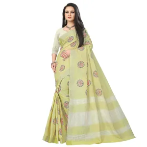 Beautiful Light Olive Green Colored Party Wear Block Print Linen Saree