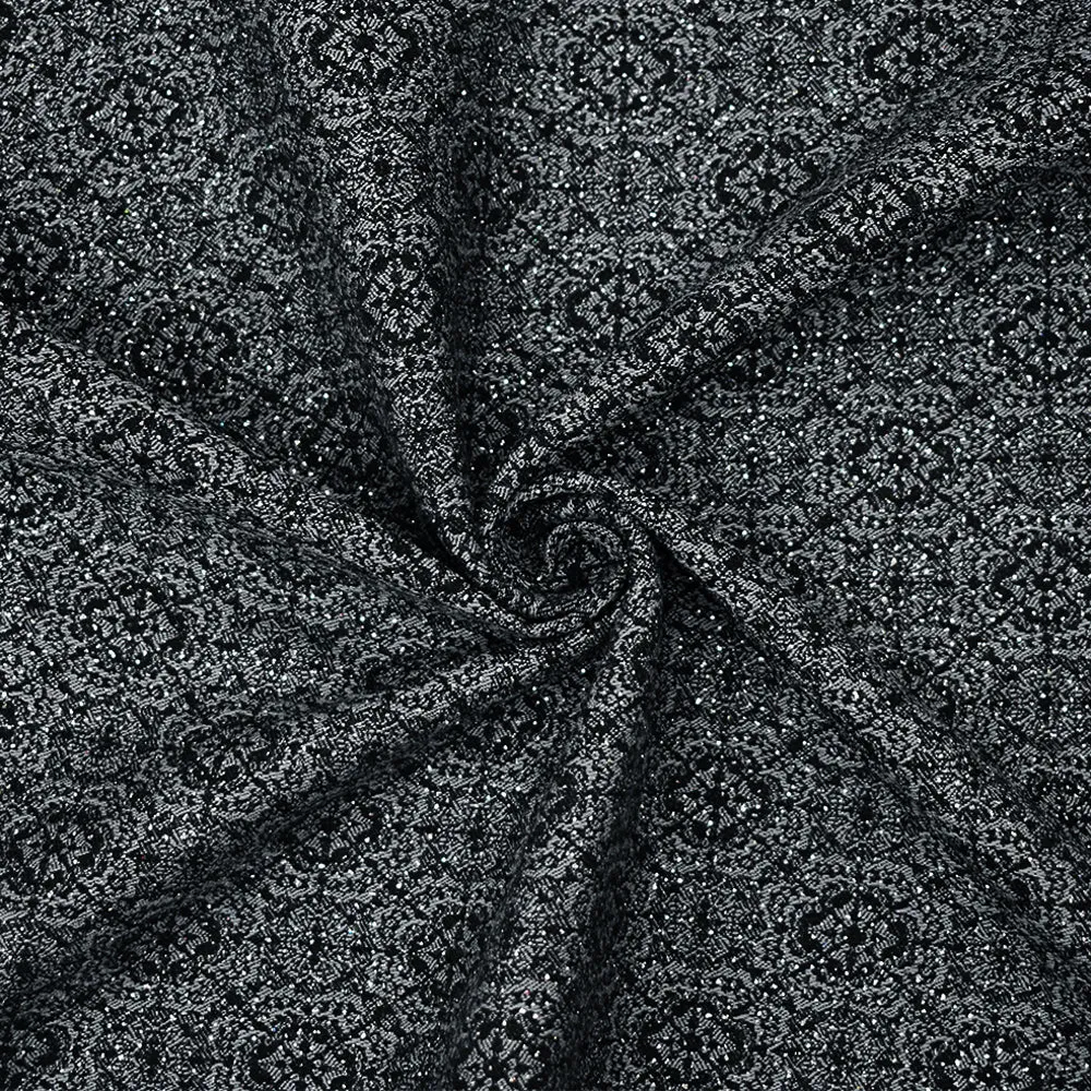Black-Silver Rayon Blend Stretch Spandex Floral Bengaline Jacquard Fabric