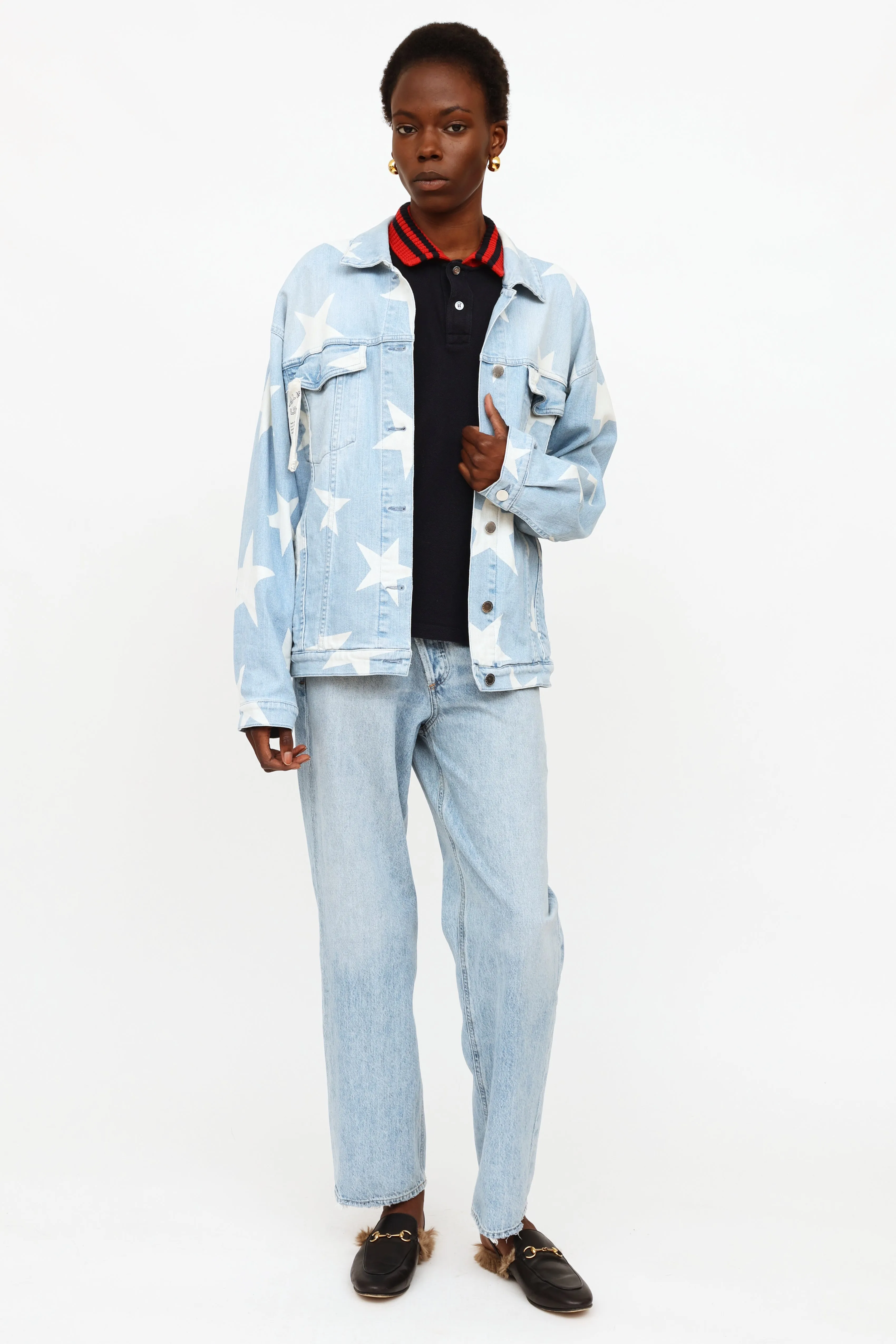Blue & White Lightwash Star Denim Jacket