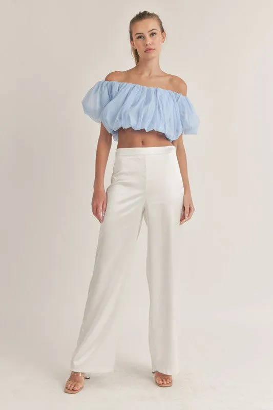Blue Off Shoulder Balloon Sleeve Crop