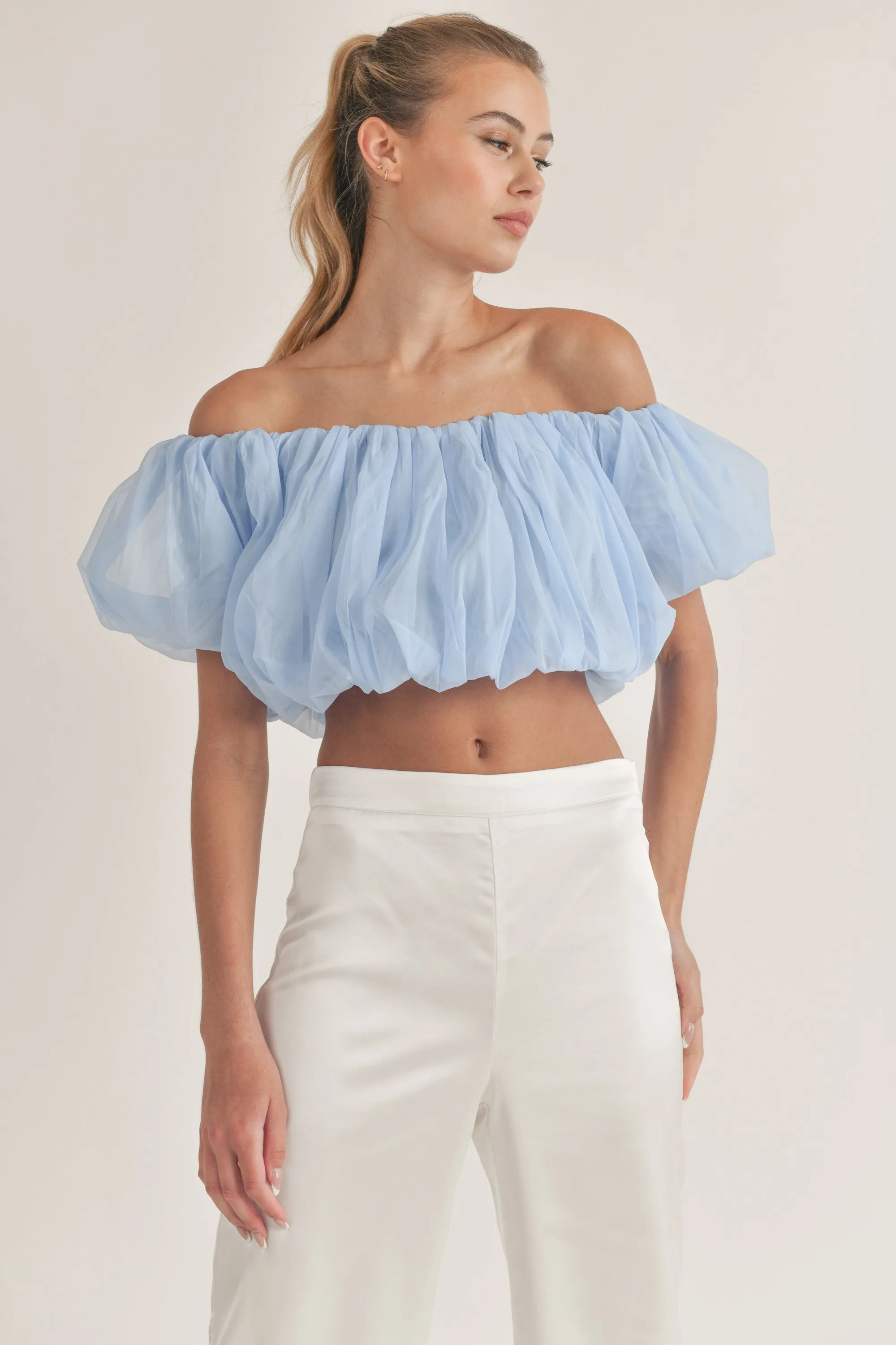 Blue Off Shoulder Balloon Sleeve Crop