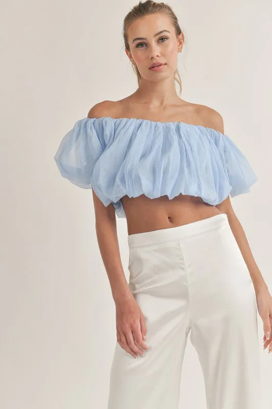 Blue Off Shoulder Balloon Sleeve Crop