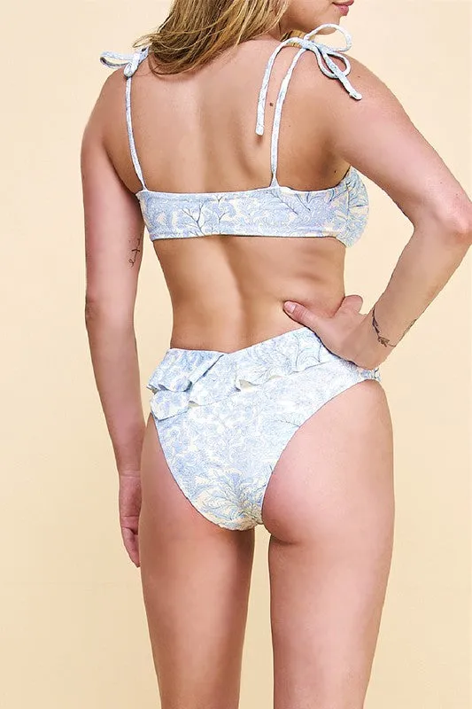 Blue Paisley Tie Knot Ruffled High Waist Bikini Set