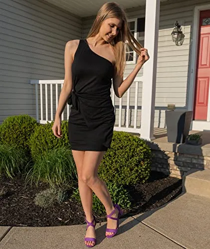 BTFBM Women Casual Sleeveless Summer One Shoulder Dress Solid Color Bodycon Ruched Tie Waist Solid Color Short Club Dresses (Solid Black,Large)