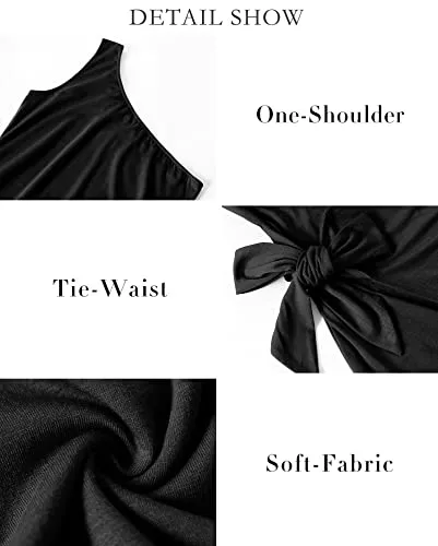 BTFBM Women Casual Sleeveless Summer One Shoulder Dress Solid Color Bodycon Ruched Tie Waist Solid Color Short Club Dresses (Solid Black,Large)