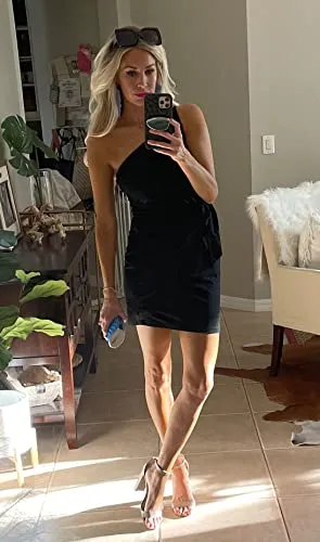BTFBM Women Casual Sleeveless Summer One Shoulder Dress Solid Color Bodycon Ruched Tie Waist Solid Color Short Club Dresses (Solid Black,Large)