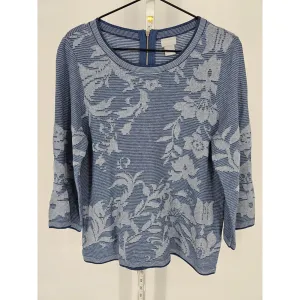 Chicos Womens Sz 1 (L) Long Sleeve Knit Top Light Blue Floral Zip Back