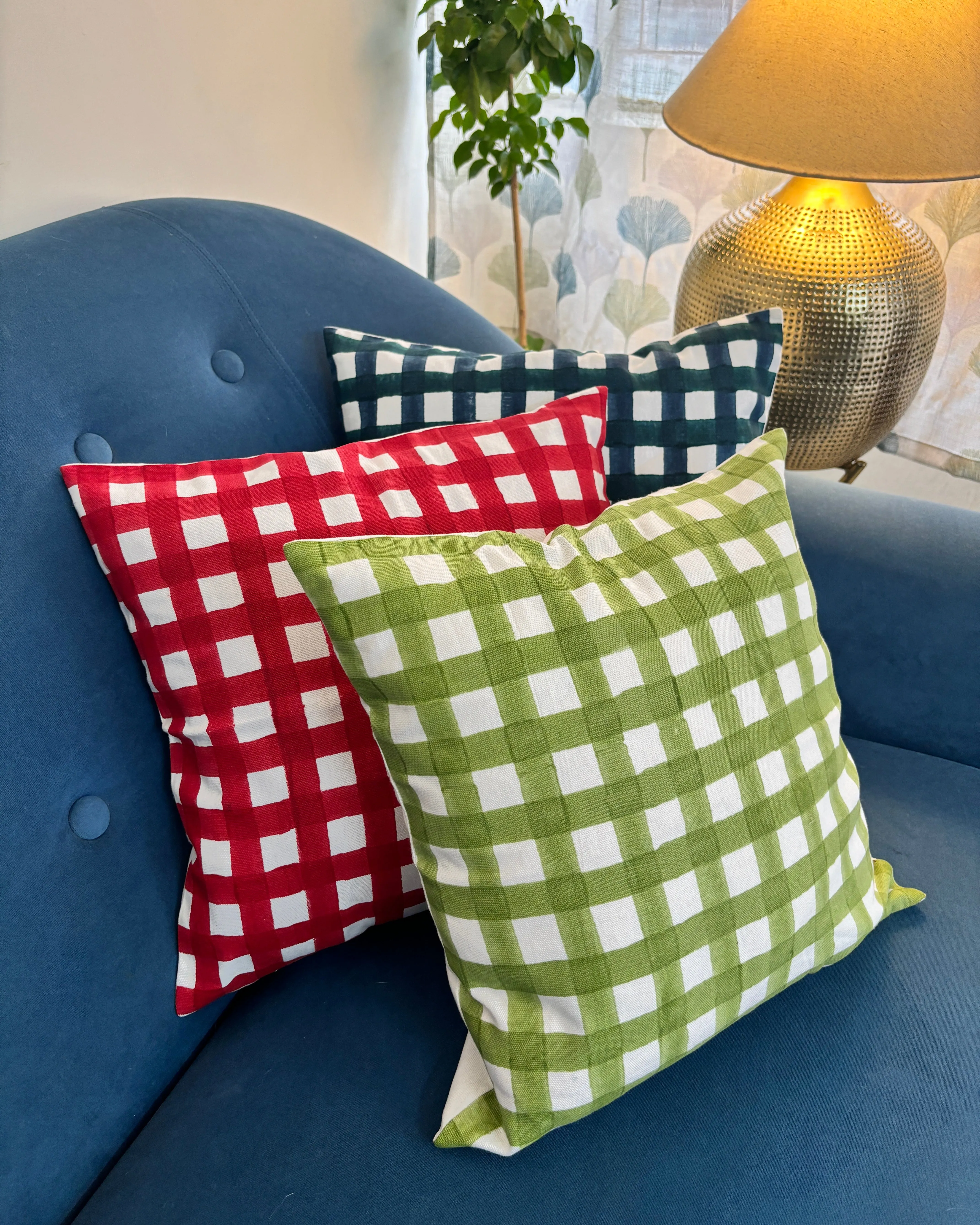 Cotton Cushion Cover | Checks Print | Avocado Green