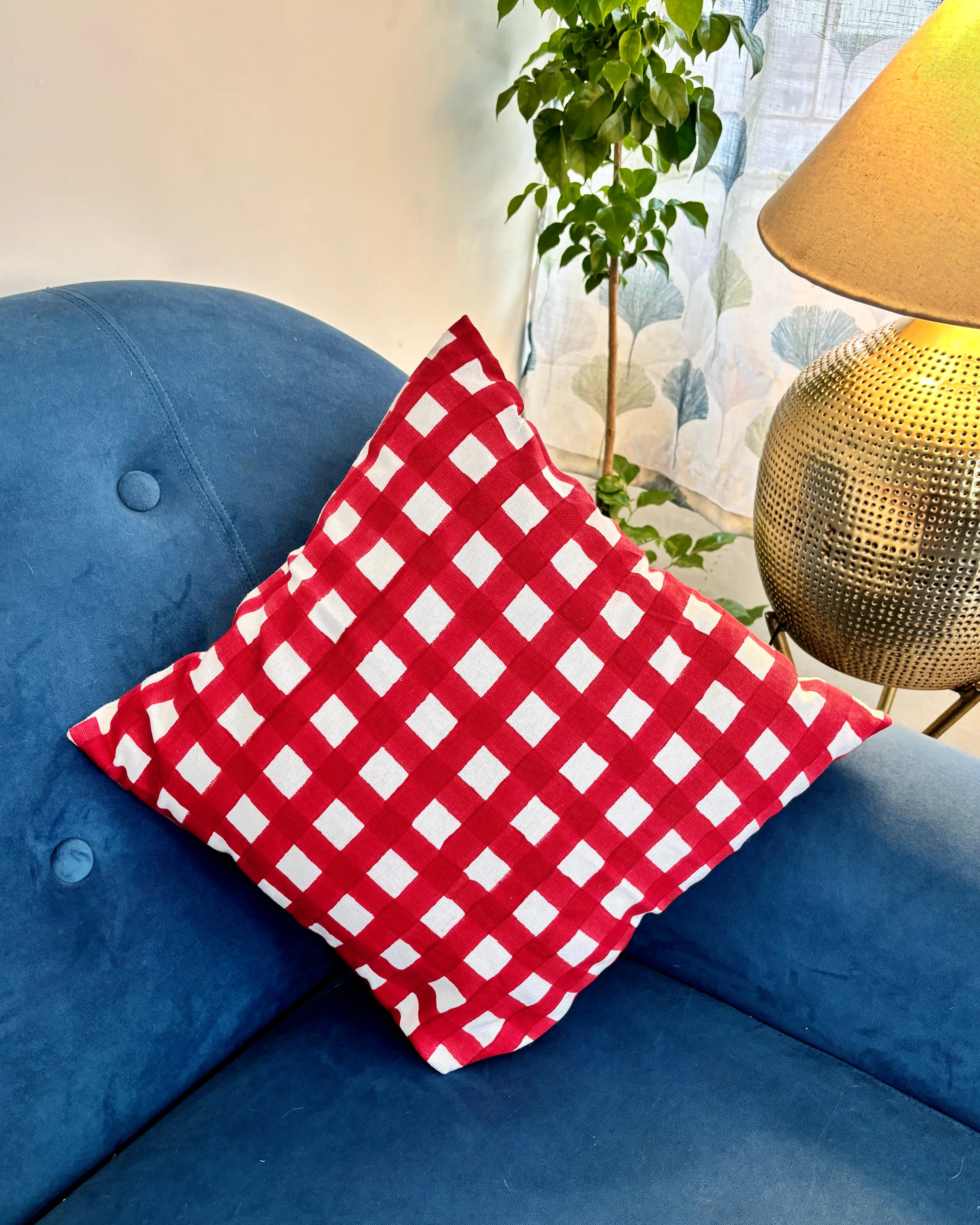 Cotton Cushion Cover | Checks Print | Rich Red