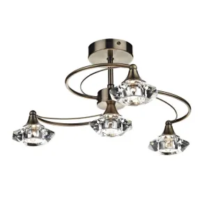 Dar LUT0475 | Luther | 4 Light Semi-Flush Ceiling Light | Aged Brass & Crystal