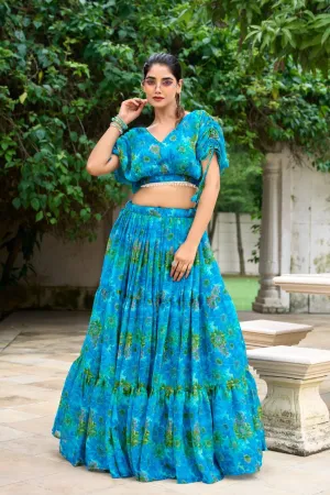 Dreamlike Chiffon Sky Blue Floral Printed Lehenga Choli