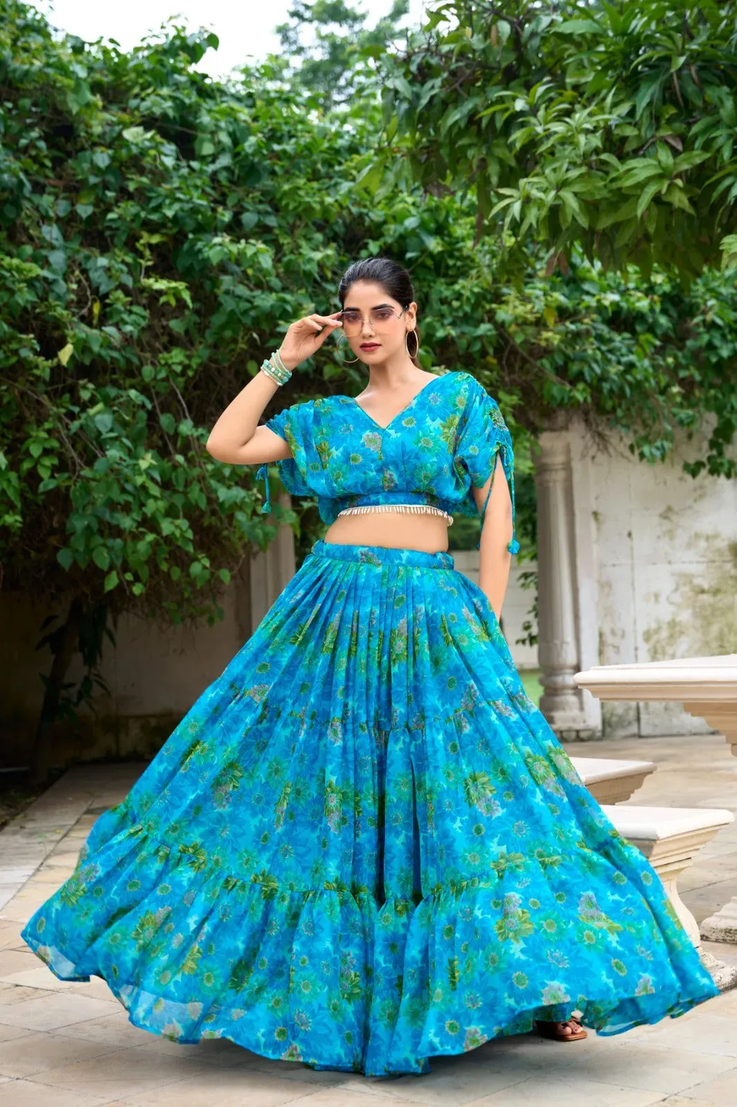 Dreamlike Chiffon Sky Blue Floral Printed Lehenga Choli