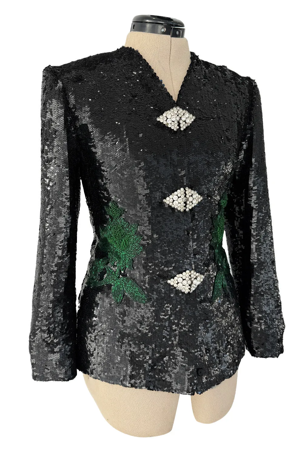 Fall 1980 John Anthony Couture Black Hand Sequin & Beaded Jacket w Incredible Rhinestone Closures