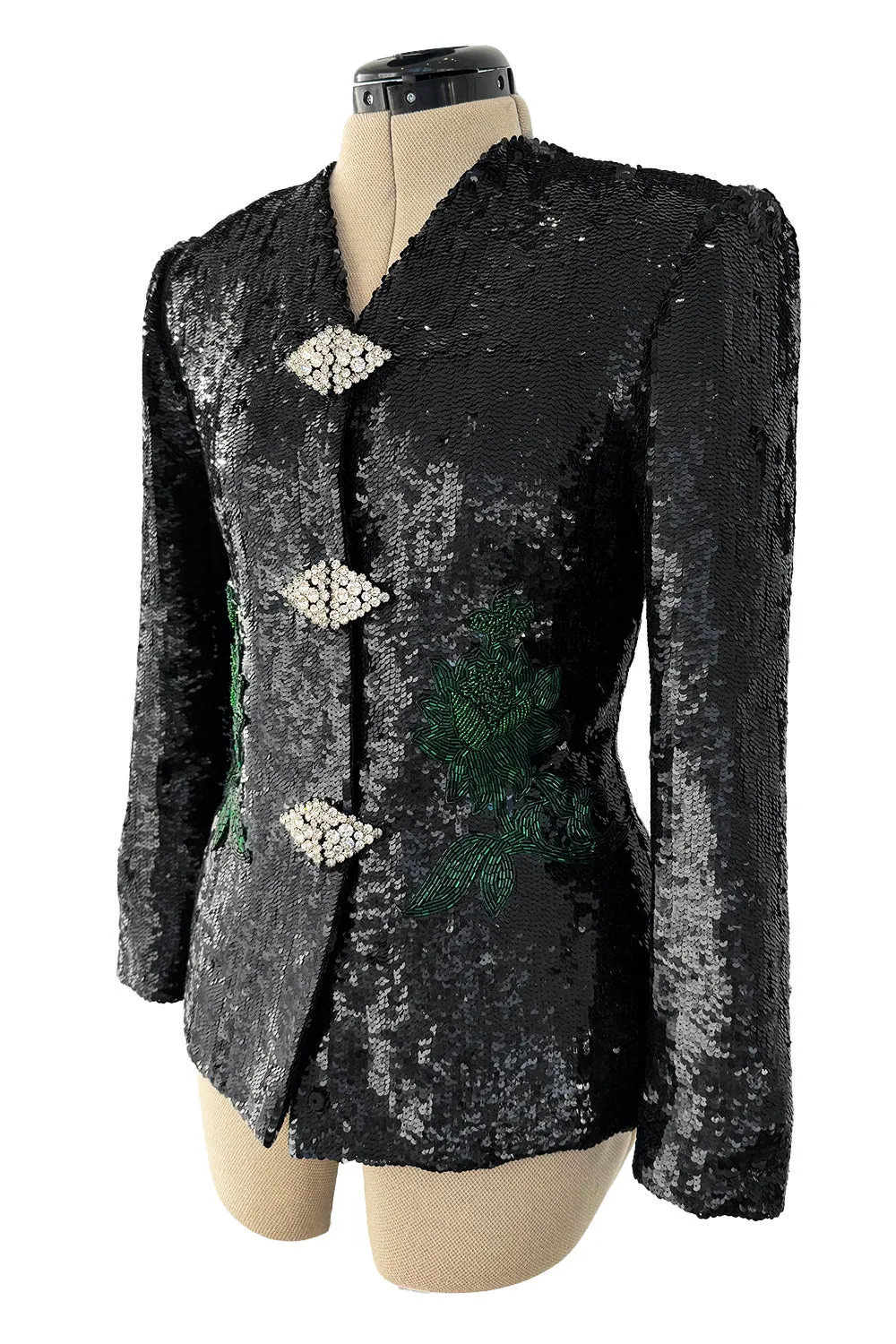 Fall 1980 John Anthony Couture Black Hand Sequin & Beaded Jacket w Incredible Rhinestone Closures