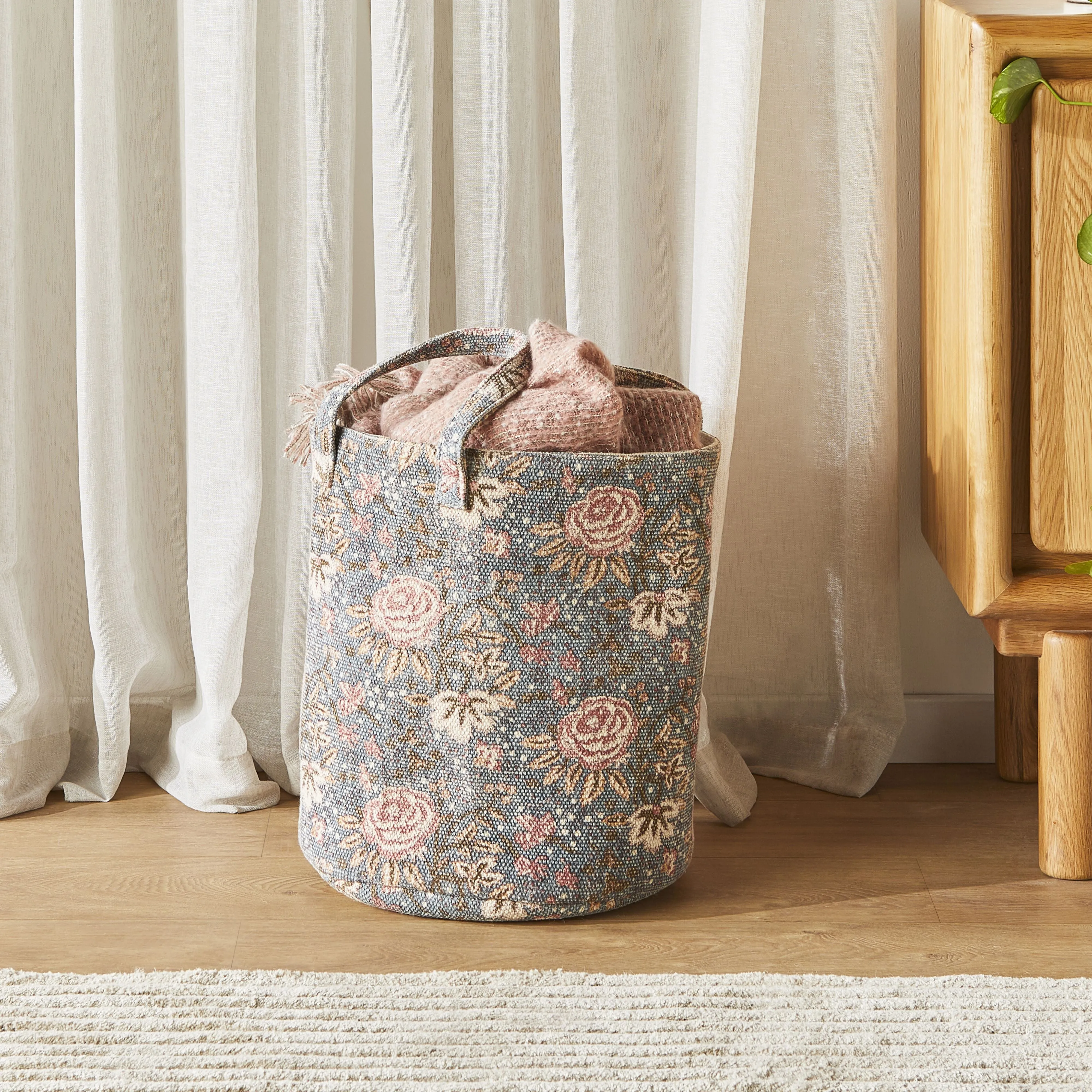 Fleurs Blue Cotton Dhurrie Basket Medium 41x35cm
