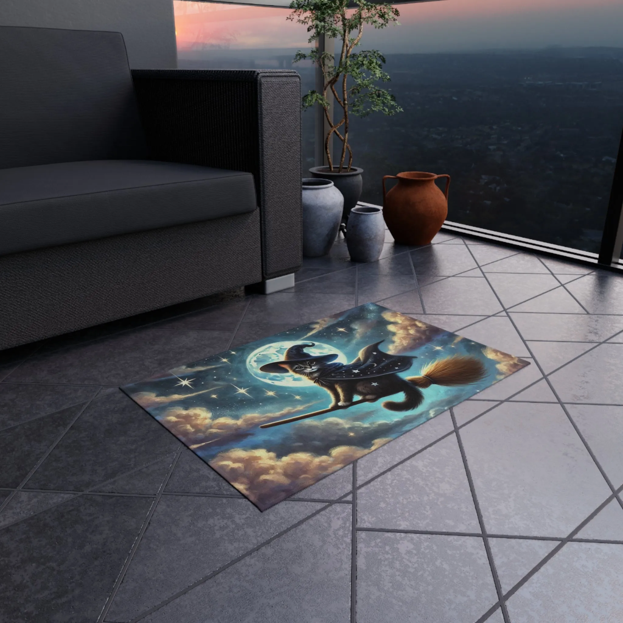 Halloween Cat Witch - Full Moon Decor- Indoor/Outdoor Rug
