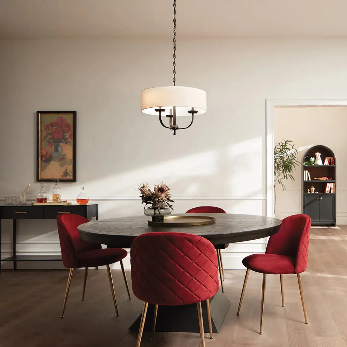 Kennewick 20" 3-Light Chandelier with Fabric Drum Shade, Black Finish
