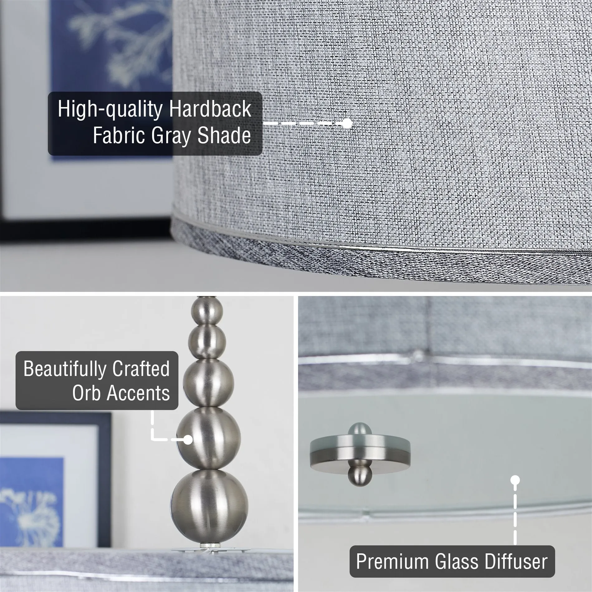 Kira Home Adelade 22" Modern 3-Light Drum Pendant Chandelier, Gray Fabric Shade, Tempered Glass Diffuser, Adjustable Height, Brushed Nickel Finish