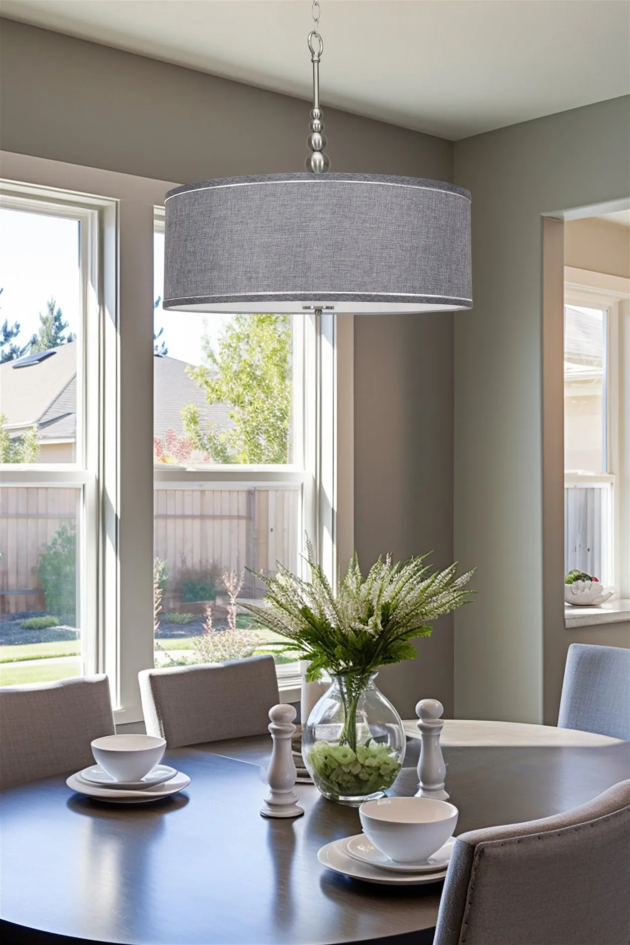 Kira Home Adelade 22" Modern 3-Light Drum Pendant Chandelier, Gray Fabric Shade, Tempered Glass Diffuser, Adjustable Height, Brushed Nickel Finish