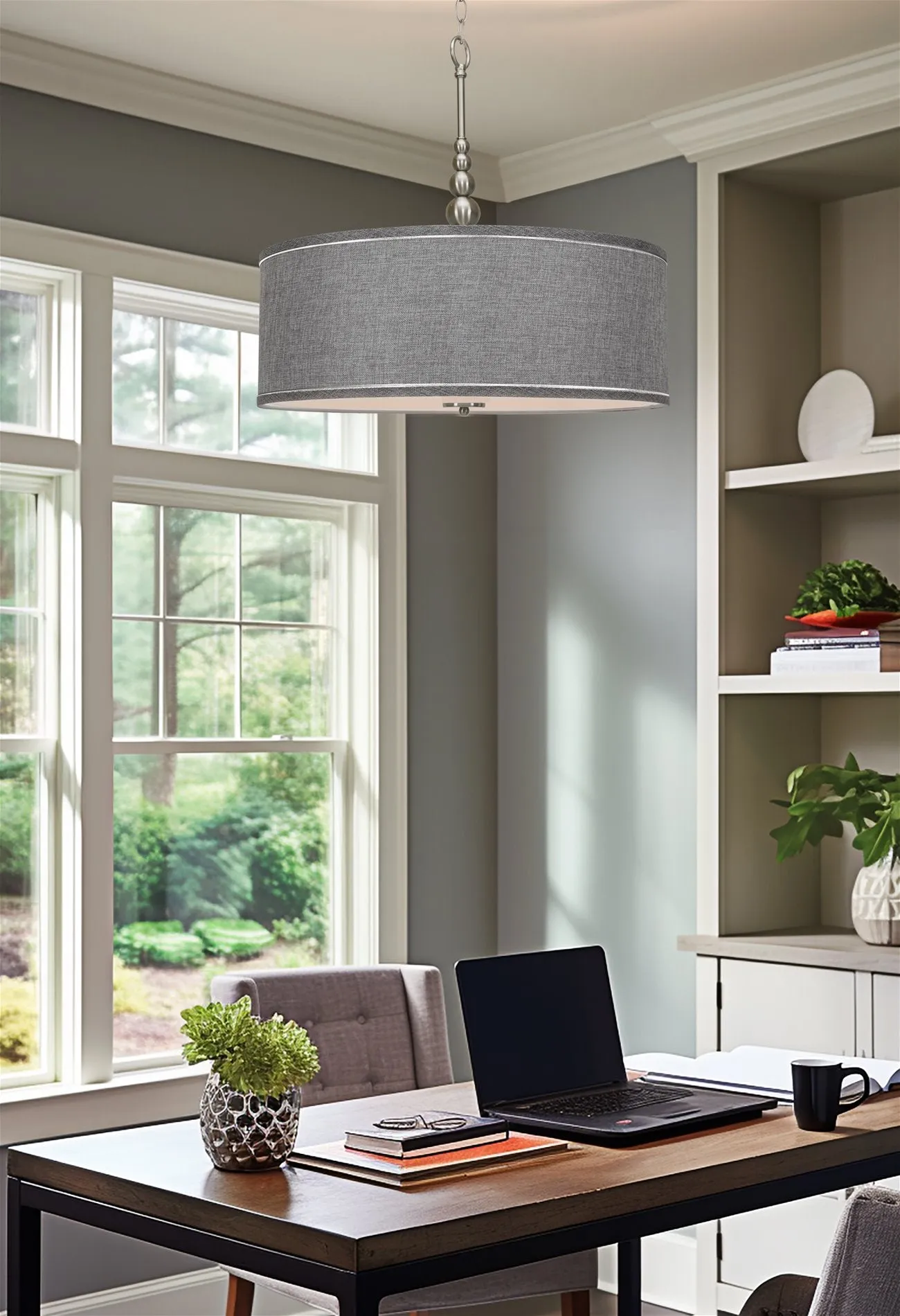 Kira Home Adelade 22" Modern 3-Light Drum Pendant Chandelier, Gray Fabric Shade, Tempered Glass Diffuser, Adjustable Height, Brushed Nickel Finish