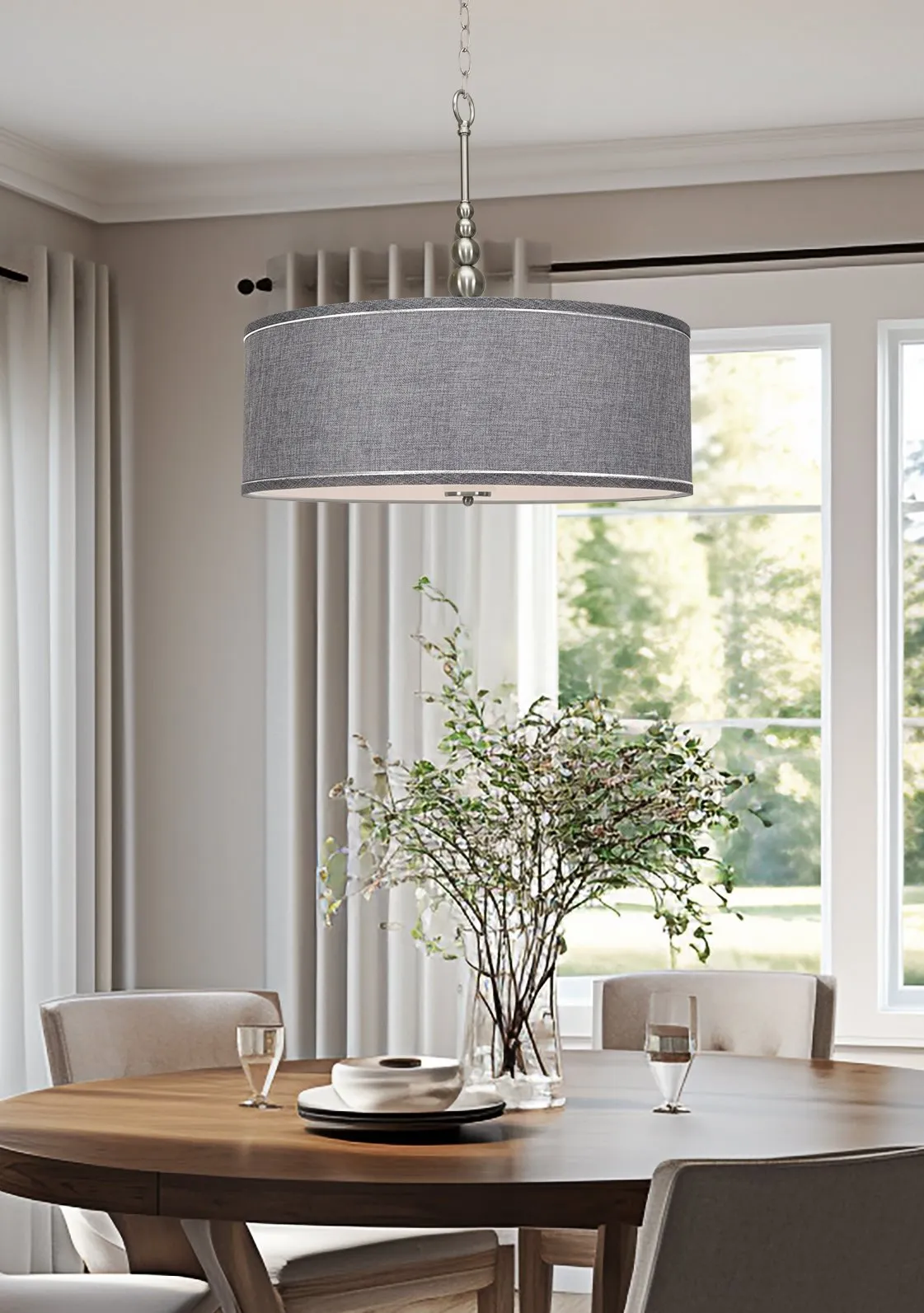 Kira Home Adelade 22" Modern 3-Light Drum Pendant Chandelier, Gray Fabric Shade, Tempered Glass Diffuser, Adjustable Height, Brushed Nickel Finish