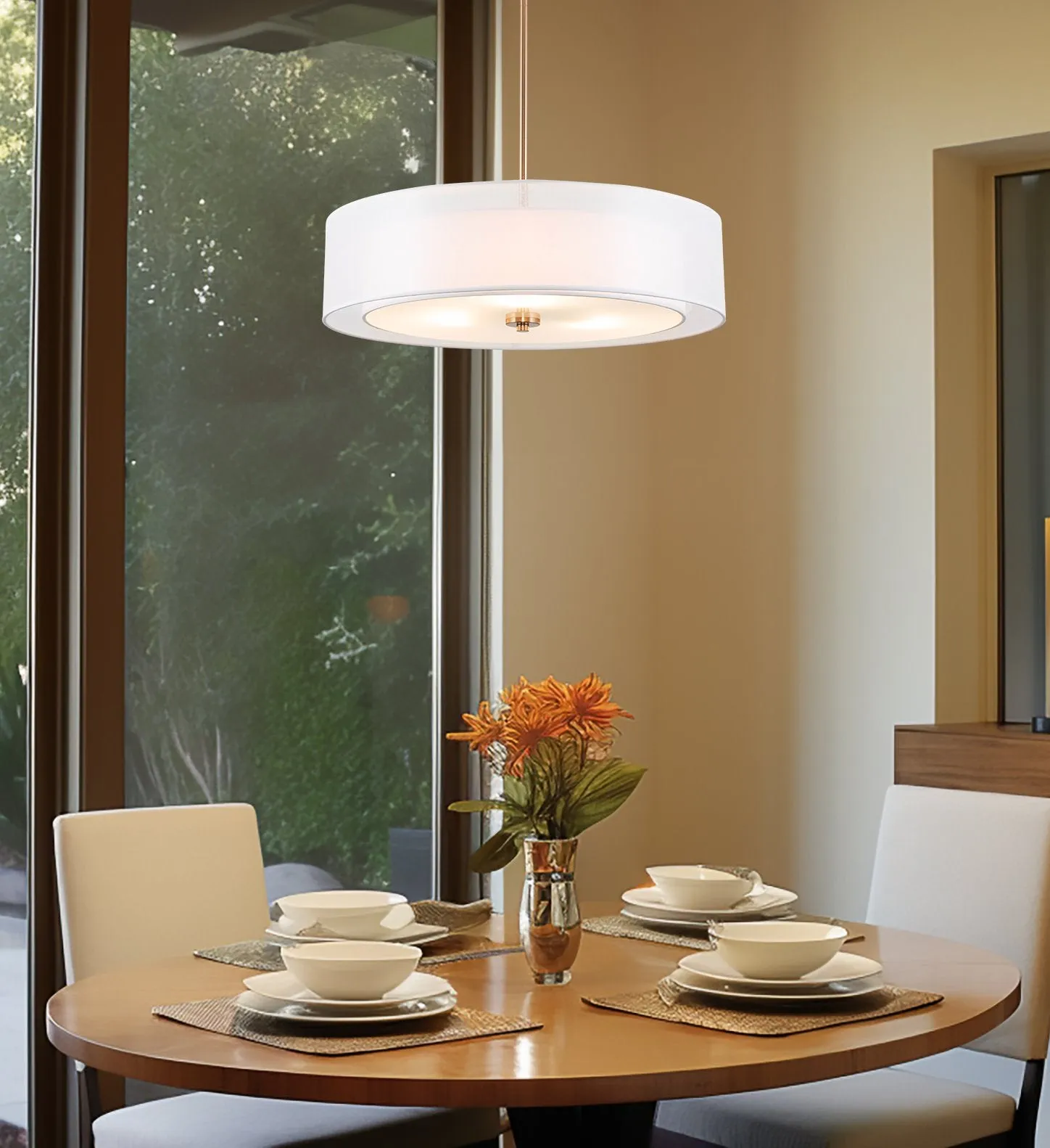 Kira Home Lindos 20" Modern 3-Light Double Drum Chandelier   Glass Diffuser, Stem-Hung with Adjustable Height, Cool Brass Finish