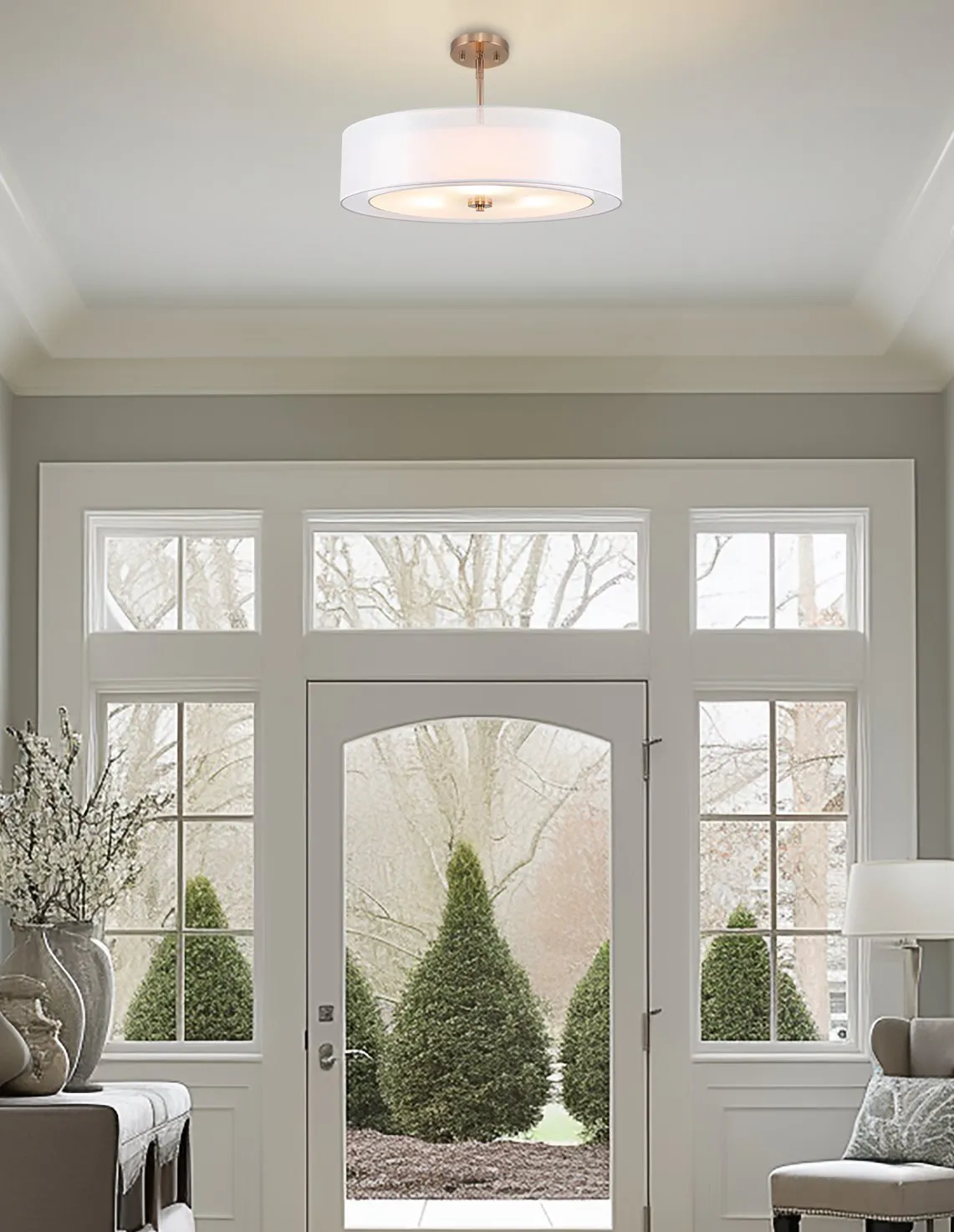 Kira Home Lindos 20" Modern 3-Light Double Drum Chandelier   Glass Diffuser, Stem-Hung with Adjustable Height, Cool Brass Finish
