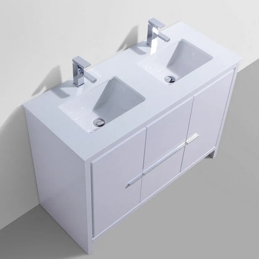 KubeBath Dolce 48″ Double Sink High Gloss White Modern Bathroom Vanity with White Quartz Counter-Top AD648DGW