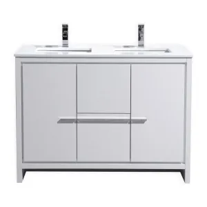 KubeBath Dolce 48″ Double Sink High Gloss White Modern Bathroom Vanity with White Quartz Counter-Top AD648DGW