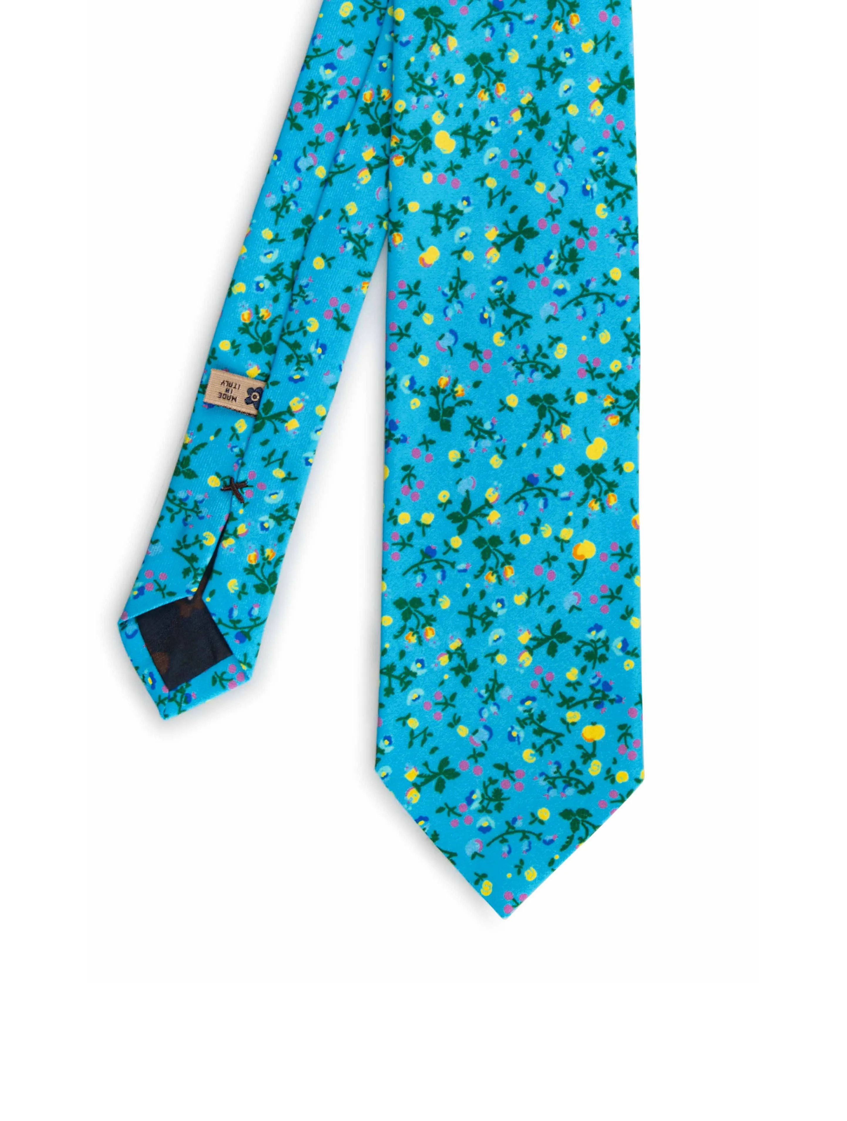 Light blue, green, yellow & purple floral patterned printed silk hand made tie