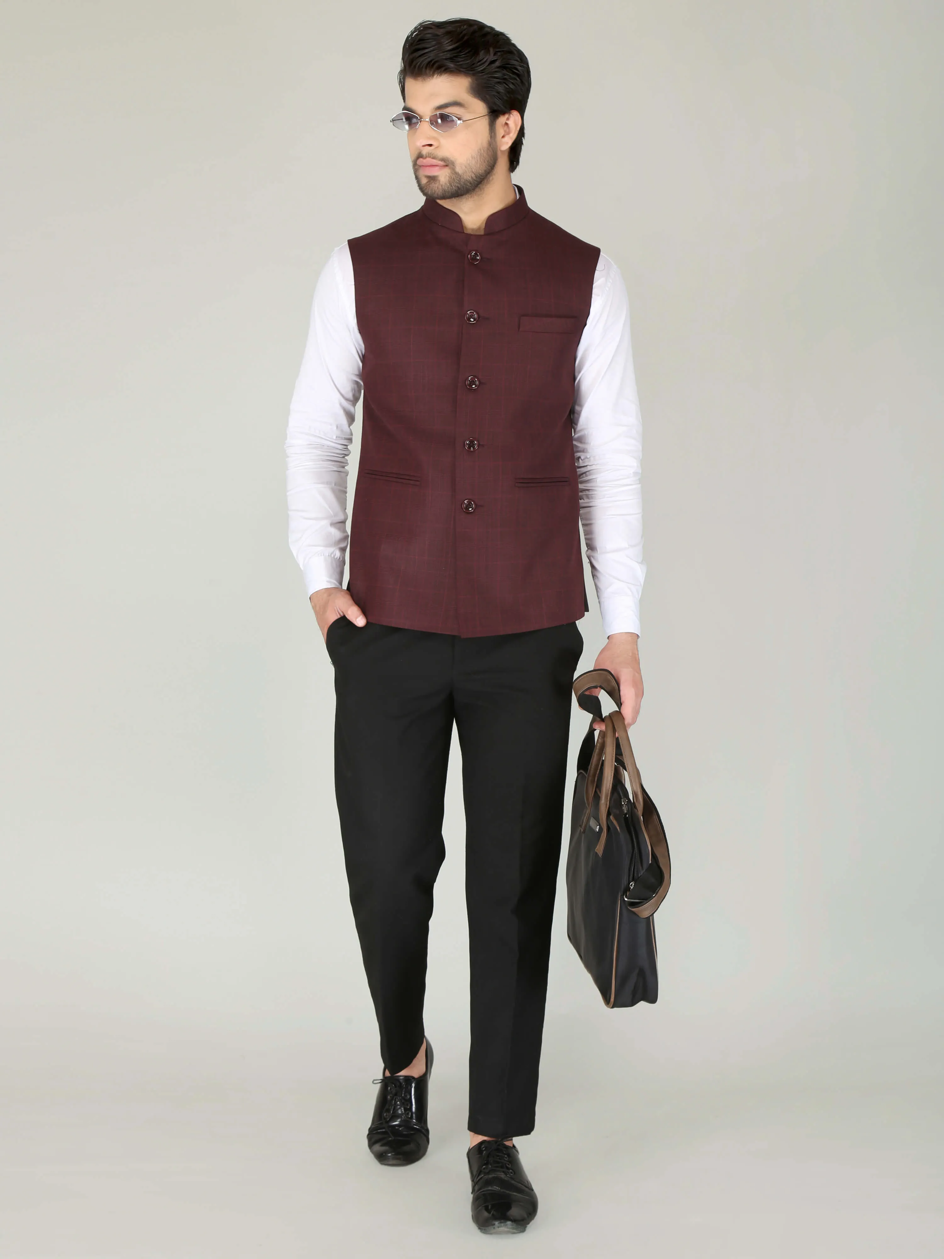 Maroon Self Checks Formal Nehru Jackets