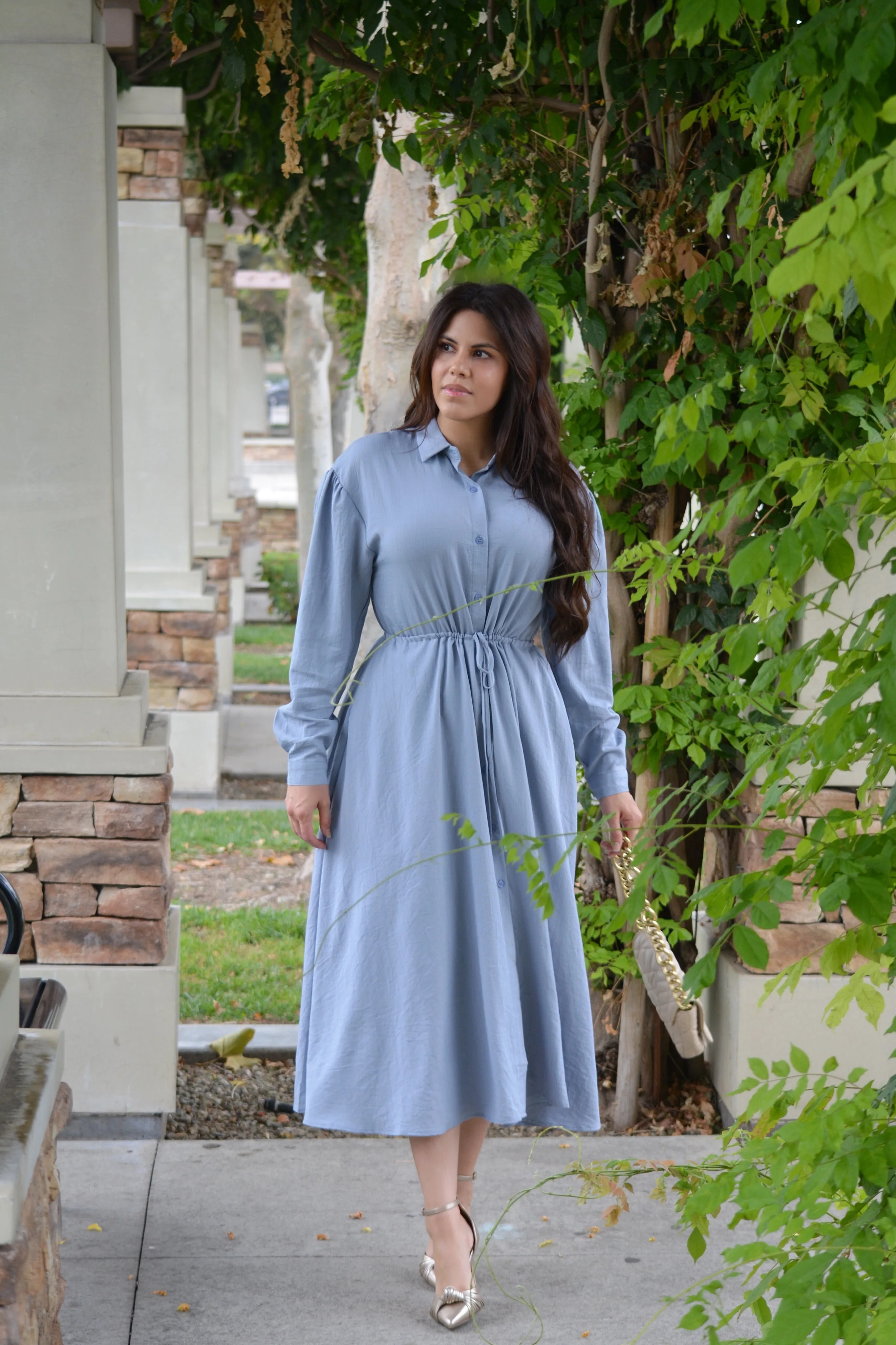 Matilda Dusty Blue Buttoned Dress