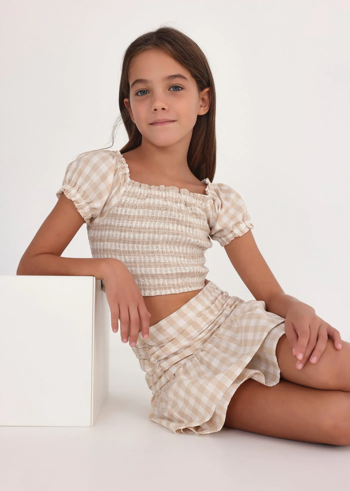 Mayoral Junior Tiered Gingham Skirt _Beige 6904-083