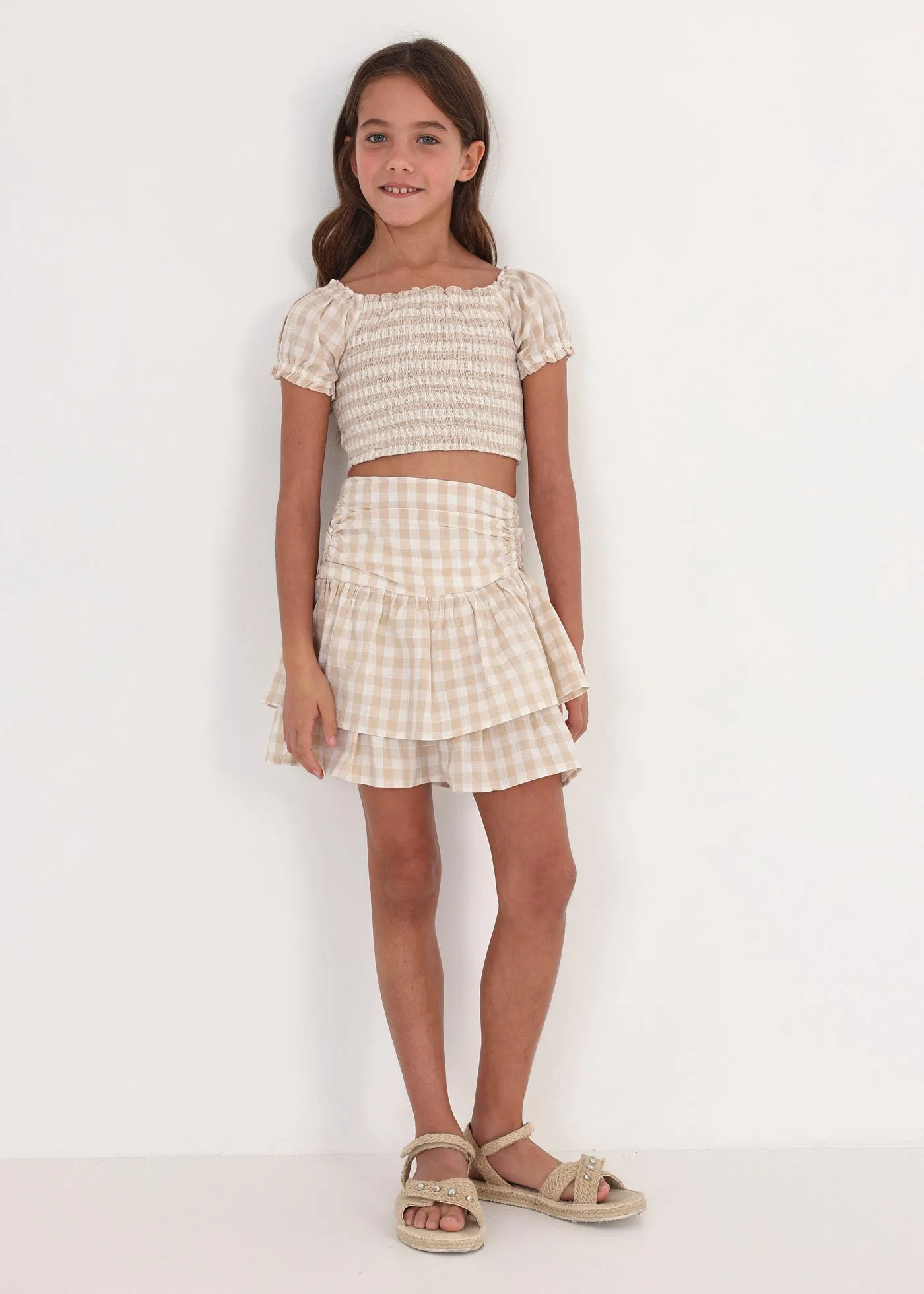 Mayoral Junior Tiered Gingham Skirt _Beige 6904-083