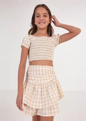Mayoral Junior Tiered Gingham Skirt _Beige 6904-083