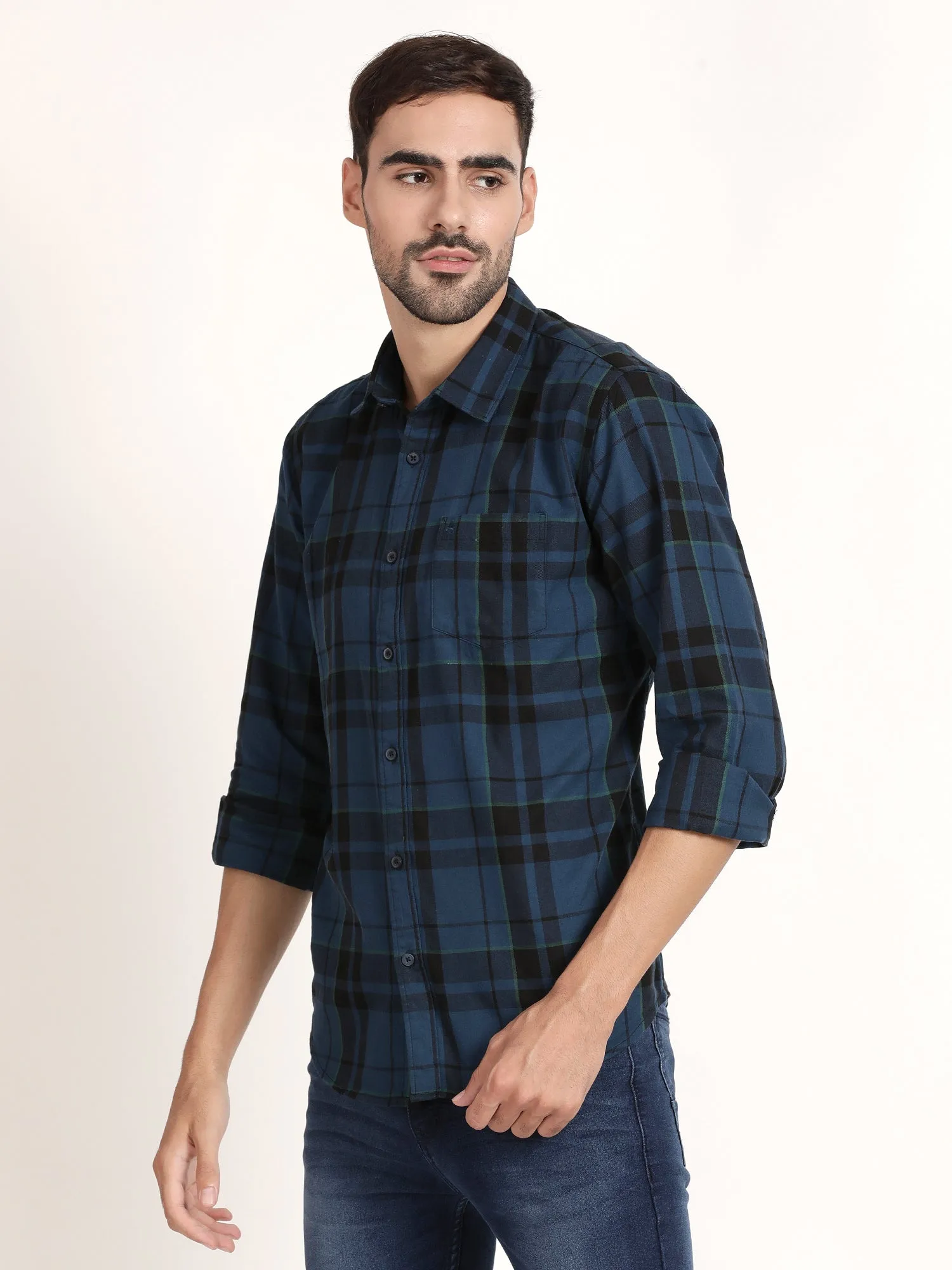 Men Blue Checked Casual Shirt (GBHM5027)