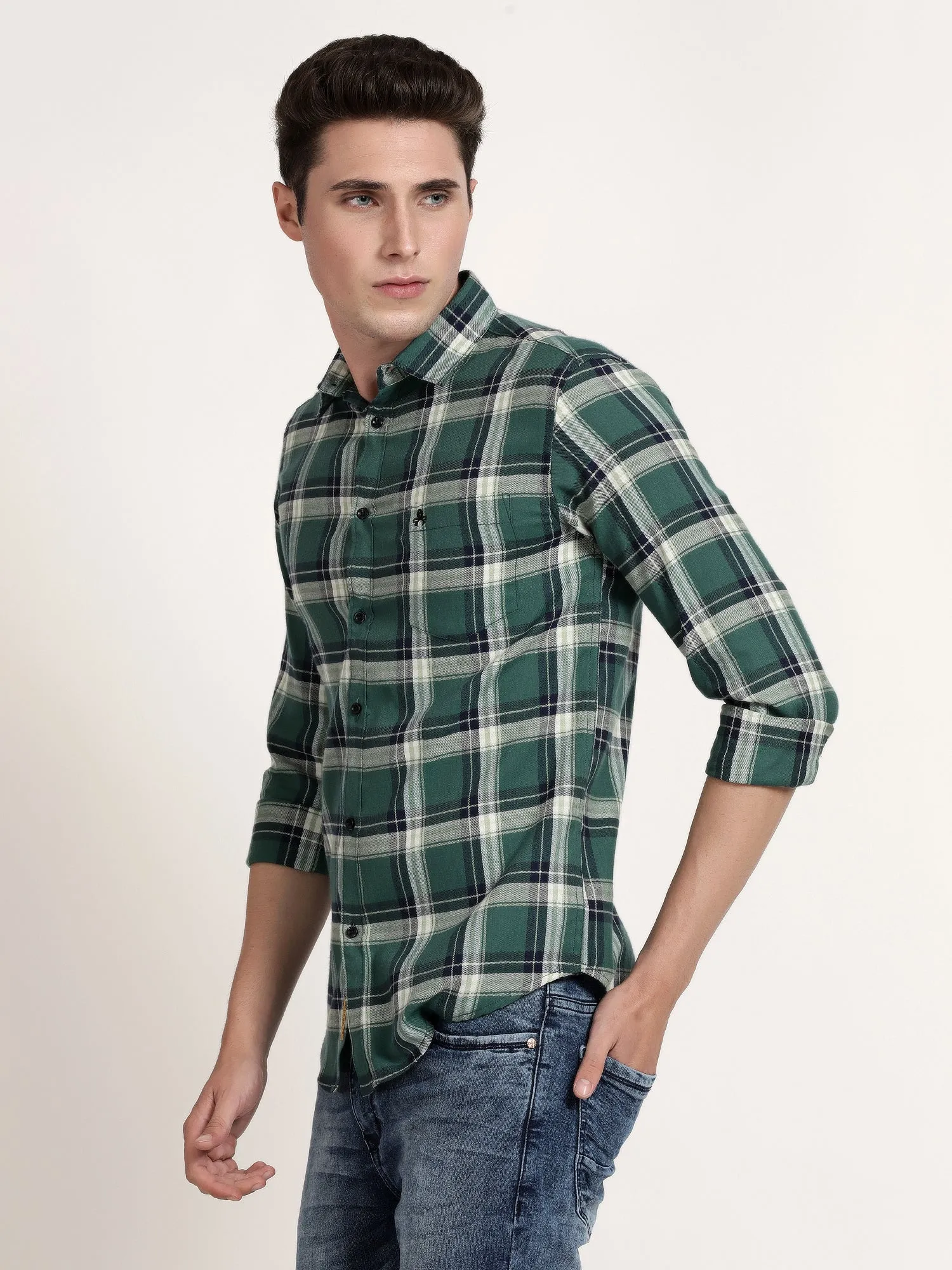 Men Green Checked Casual Shirt (GBRJ6010)