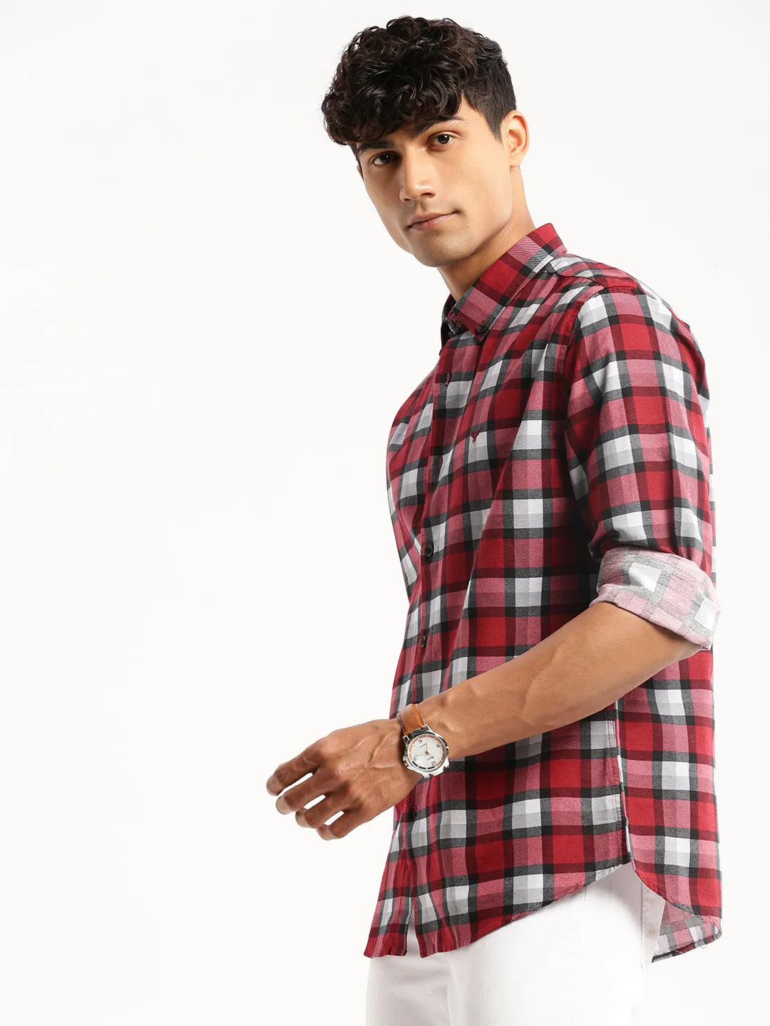 Men Maroon Spread Collar Windowpane Checks Shirt