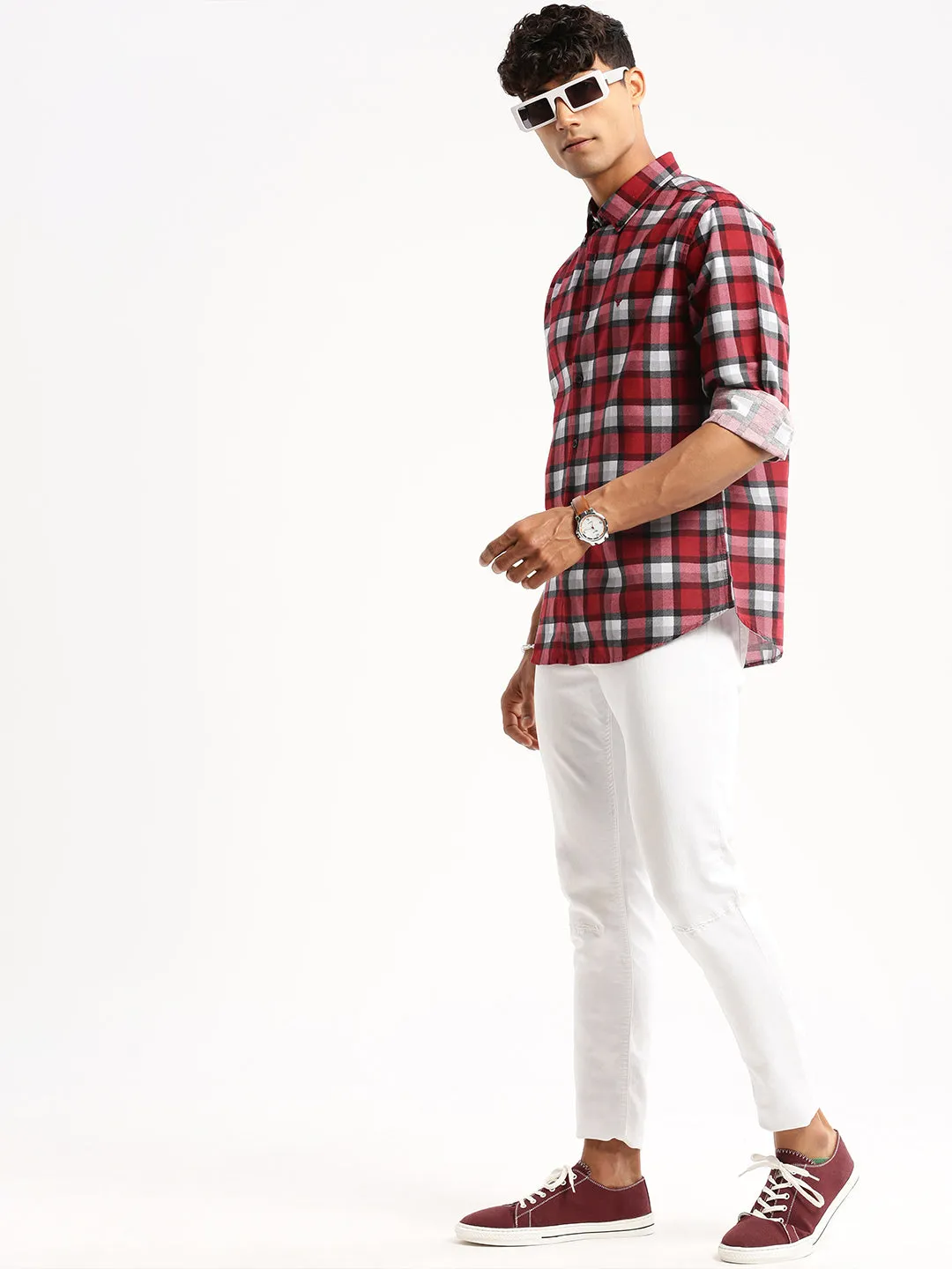 Men Maroon Spread Collar Windowpane Checks Shirt