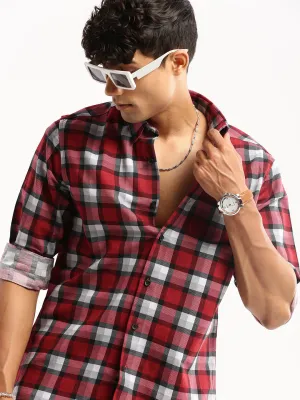 Men Maroon Spread Collar Windowpane Checks Shirt