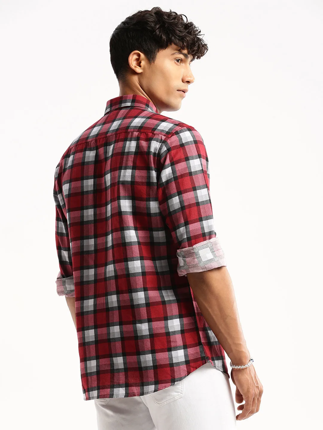 Men Maroon Spread Collar Windowpane Checks Shirt