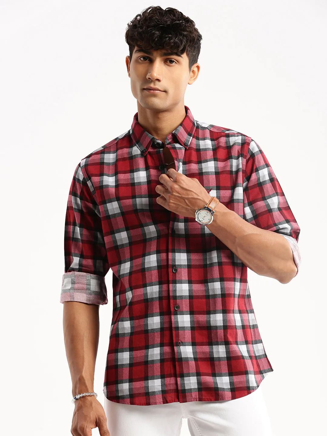 Men Maroon Spread Collar Windowpane Checks Shirt