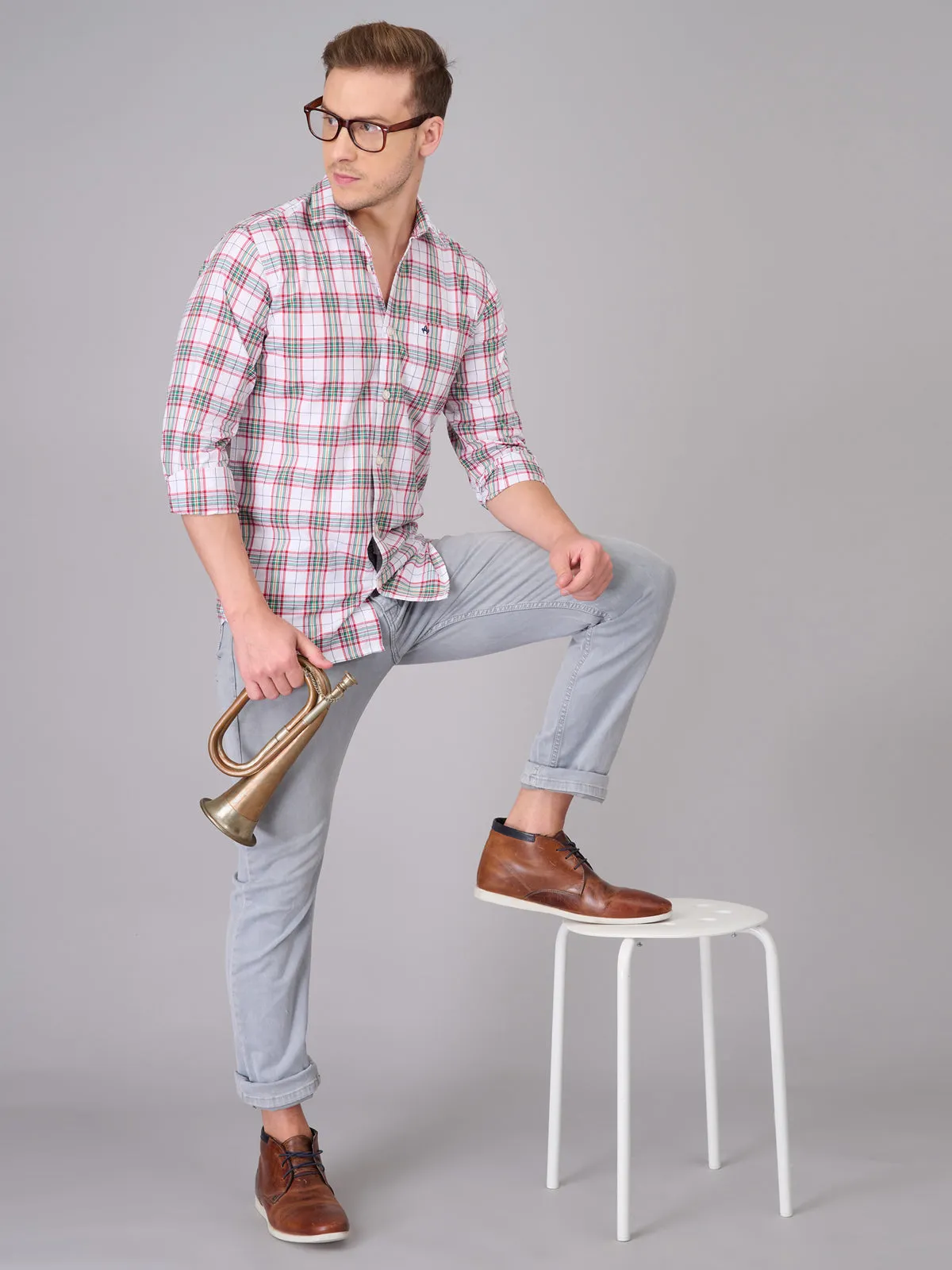 Men White and Red Quad Checked Pattern Shirt (GBHM23ED09)