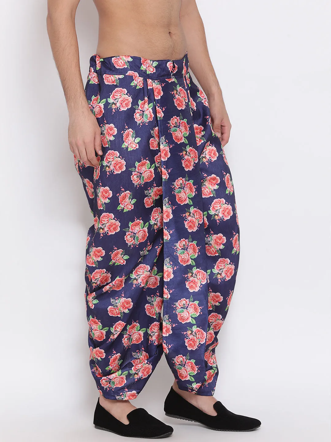 Men's Blue Silk Blend Floral Printed Dhoti - Vastramay
